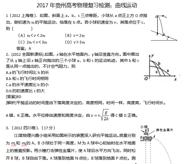 2017年贵州高考物理复习检测:曲线运动