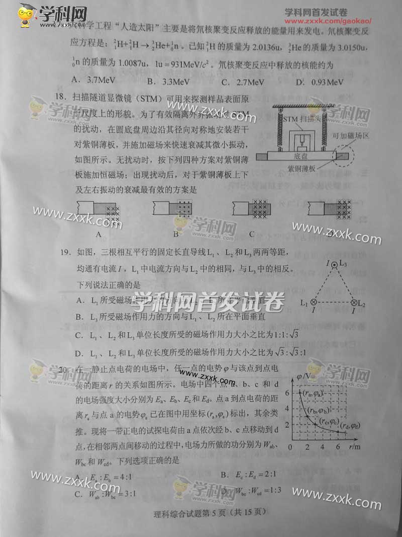 2017年湖北高考理综试卷(图片版)