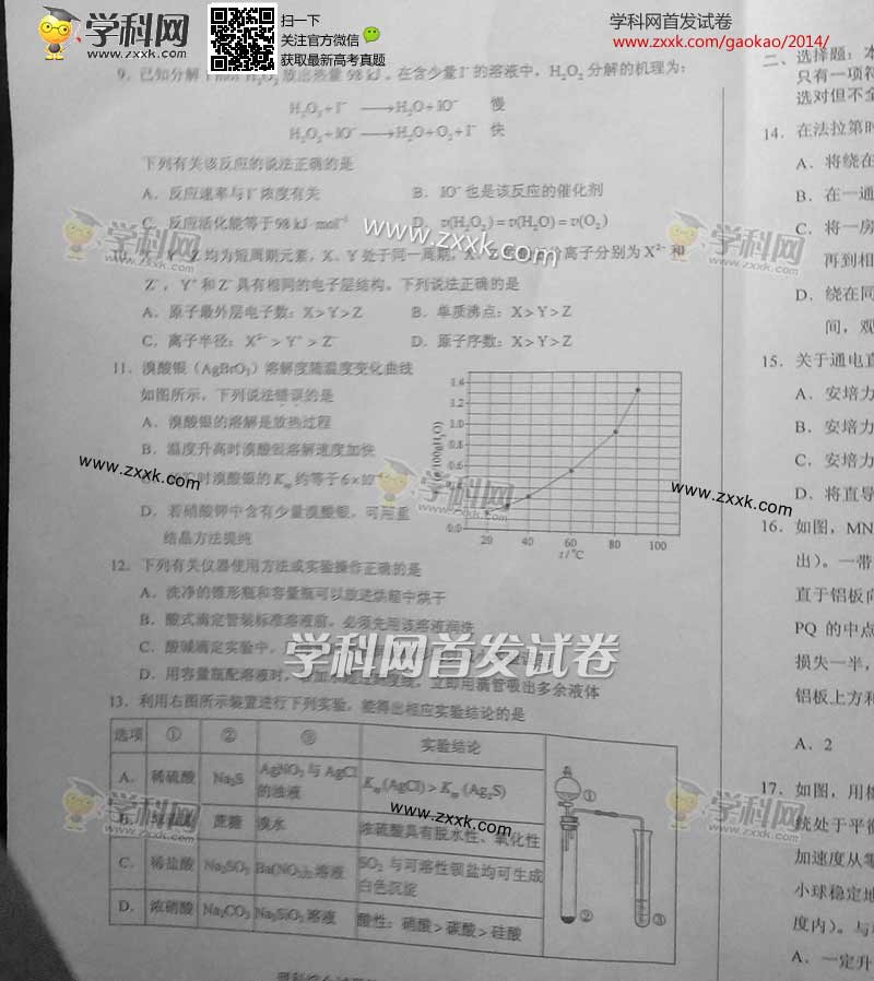 2014陕西高考试题及答案理综卷(图片版)