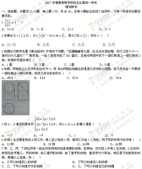 2017�꺣�ϸ߿�������ѧ�Ծ���word�棩