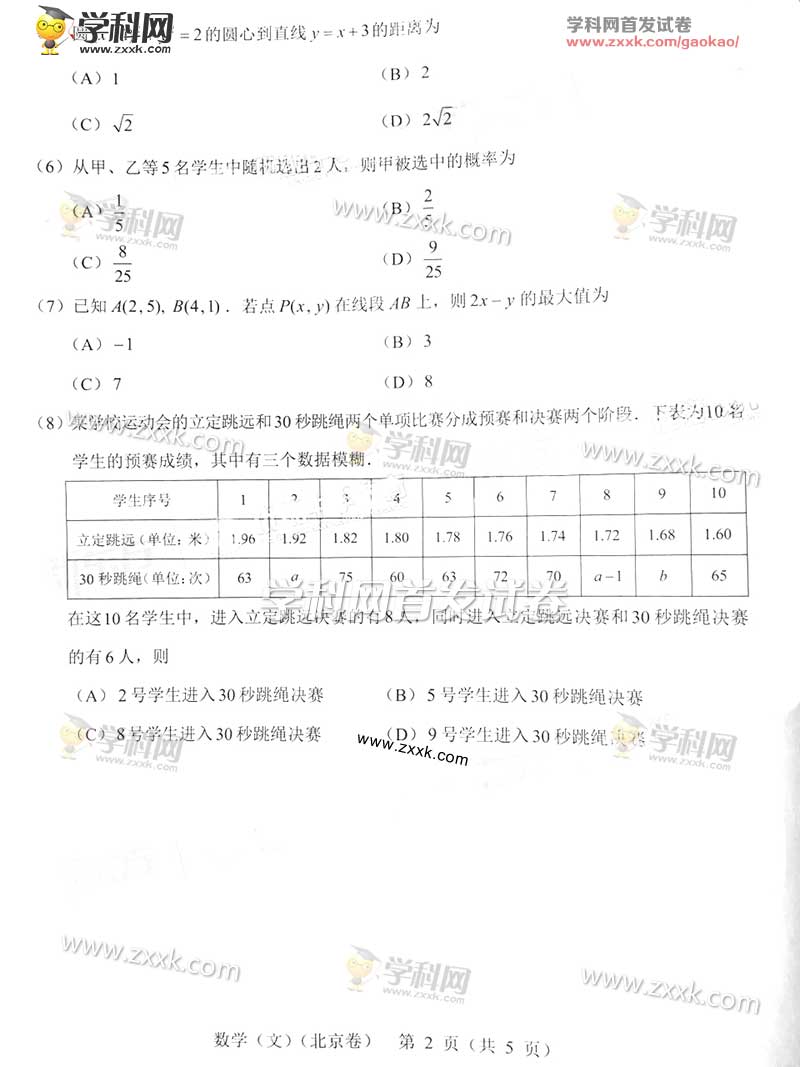 2016年北京高考文科数学试题答案