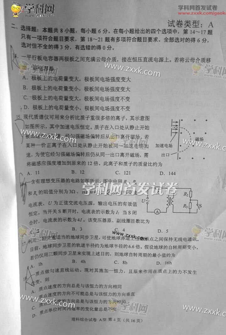 2016年全国高考新课标I理综试卷(图片)