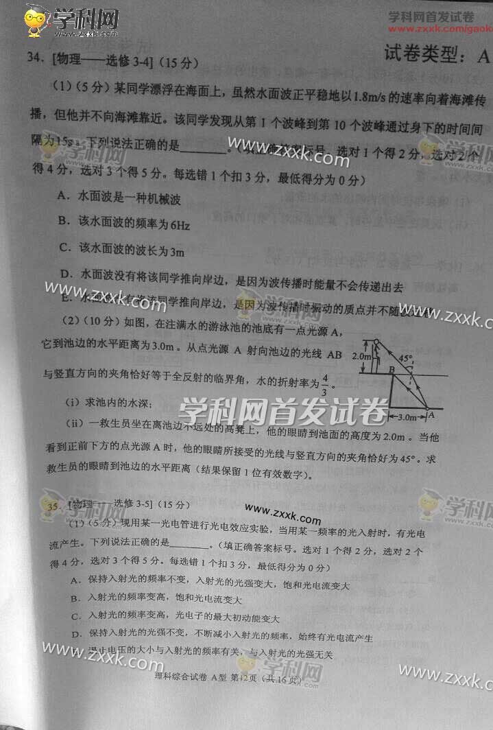 2016年全国高考新课标I理综试卷(图片)