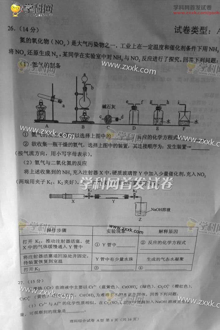 2016年全国高考新课标I理综试卷(图片)