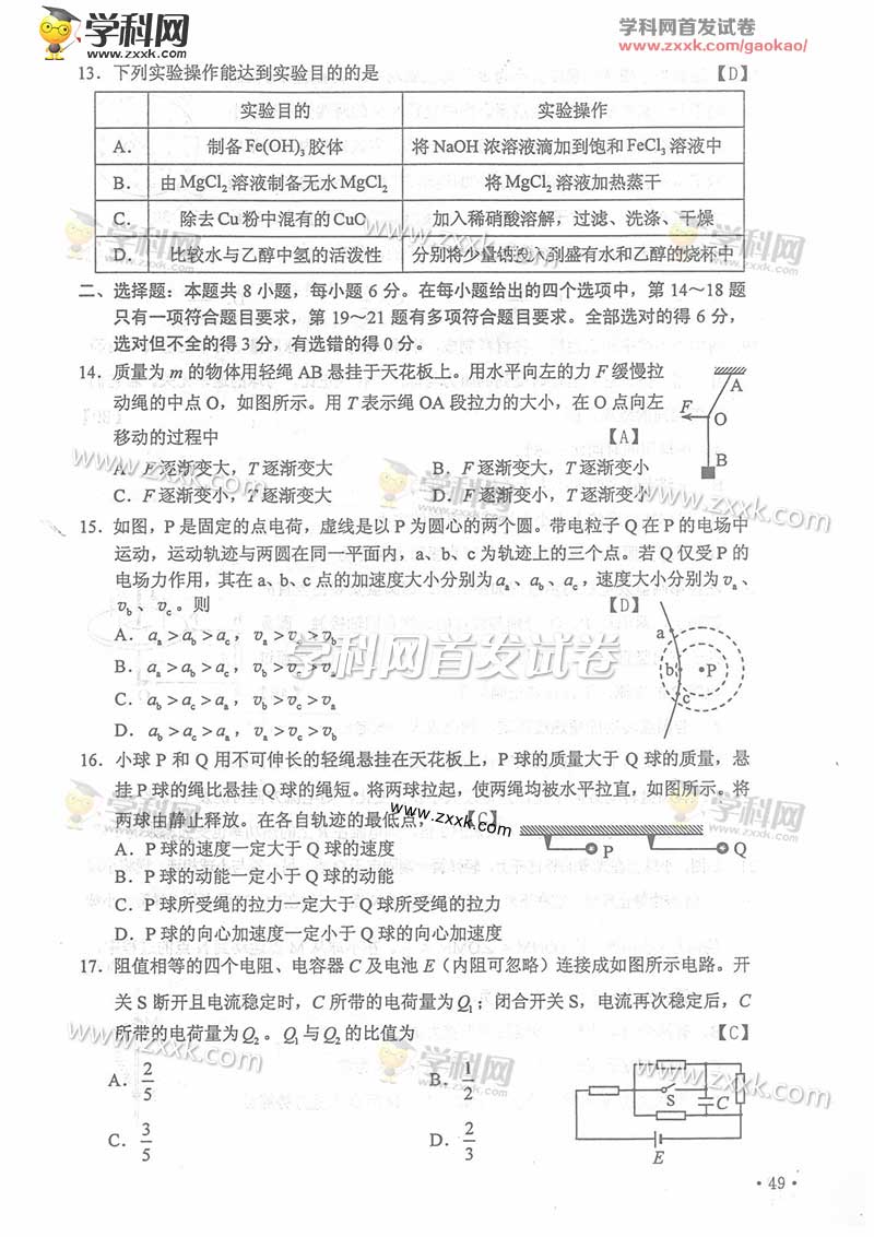 2016年甘肃高考理综试题及答案