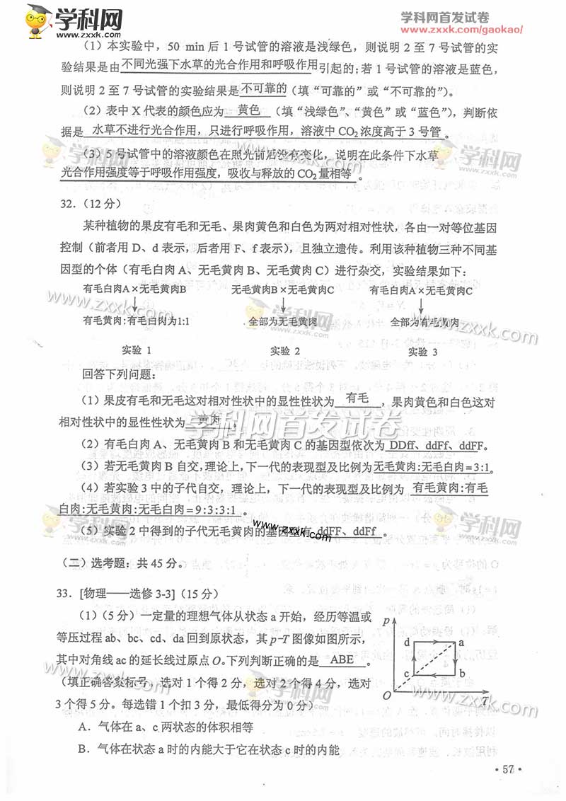 2016年甘肃高考理综试题及答案