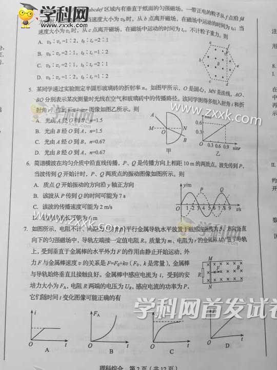 2016年四川高考理综试题答案(图片)