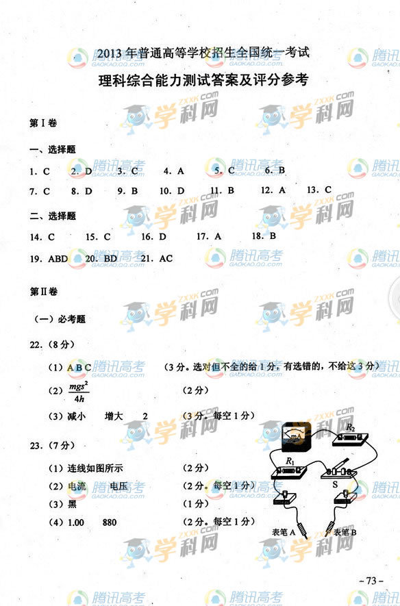 2013年全国卷新课标Ⅱ高考理综试卷答案
