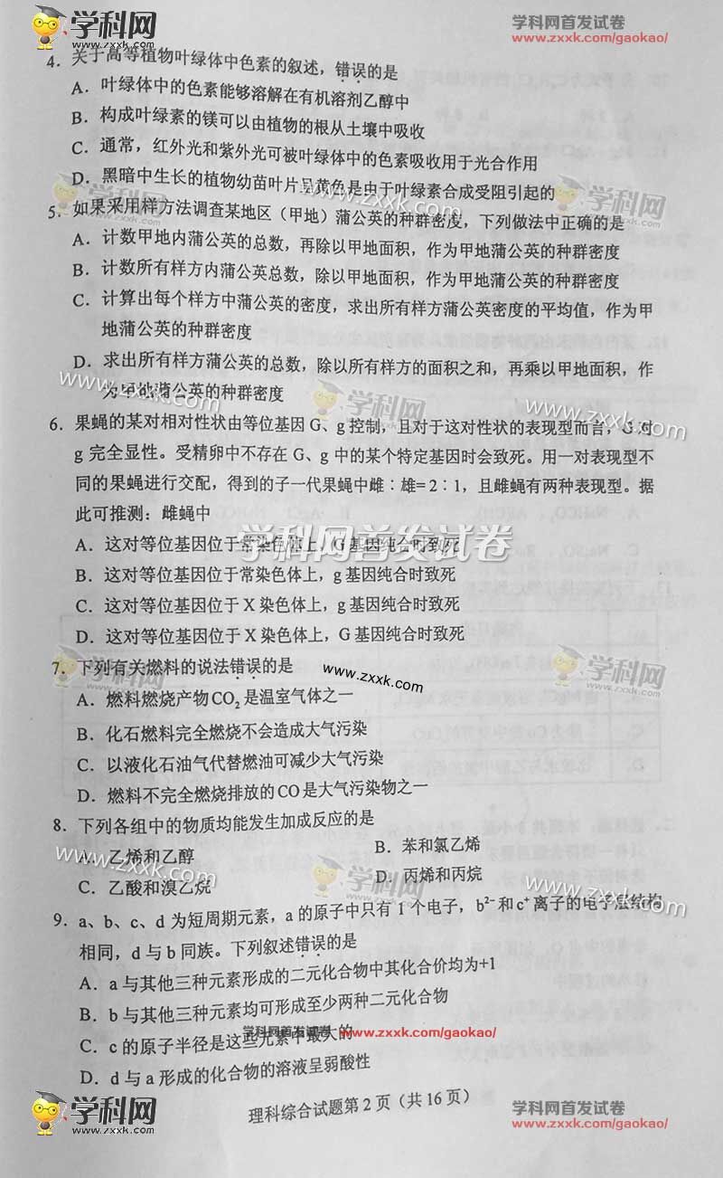 2016年青海高考理综试题(图片)