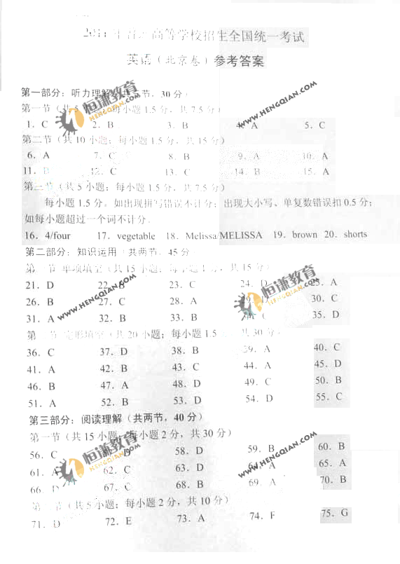 2011����ͨ�ߵ�ѧУ�������Ա����߿�Ӣ���Ծ�����