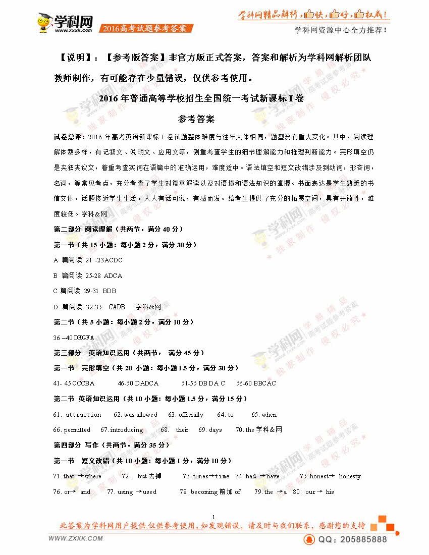 2016年福建高考英语试题答案(图片版)