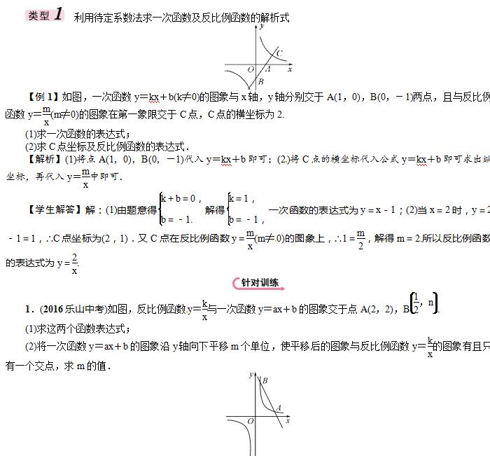 2017年湖南中考数学题型突破专项训练(一次函数和反比例函数结合)