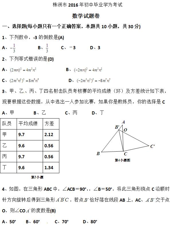 2016����������п���ѧ���⼰�𰸣�word�棩