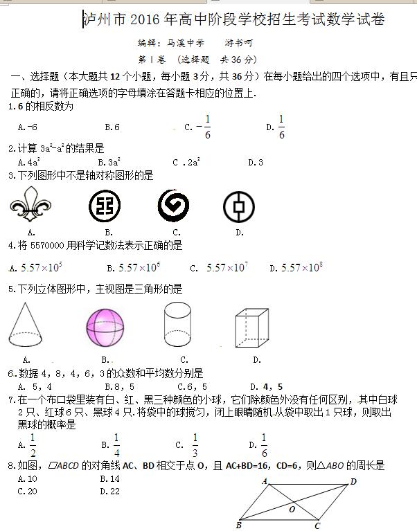 2016���Ĵ������п���ѧ���⼰�𰸣�word�棩