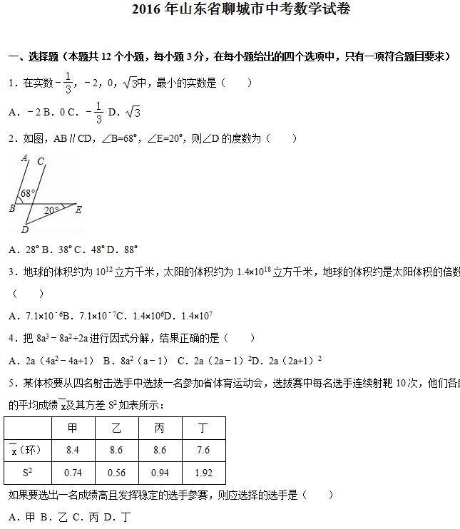 2016��ɽ���ĳ��п���ѧ���⼰�𰸣�word�棩