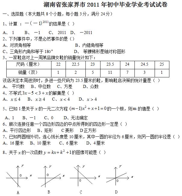 2011������żҽ��п���ѧ���⼰�𰸣�word�棩