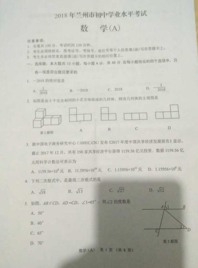 2018�������п���ѧ���⼰�𰸣�word�棩