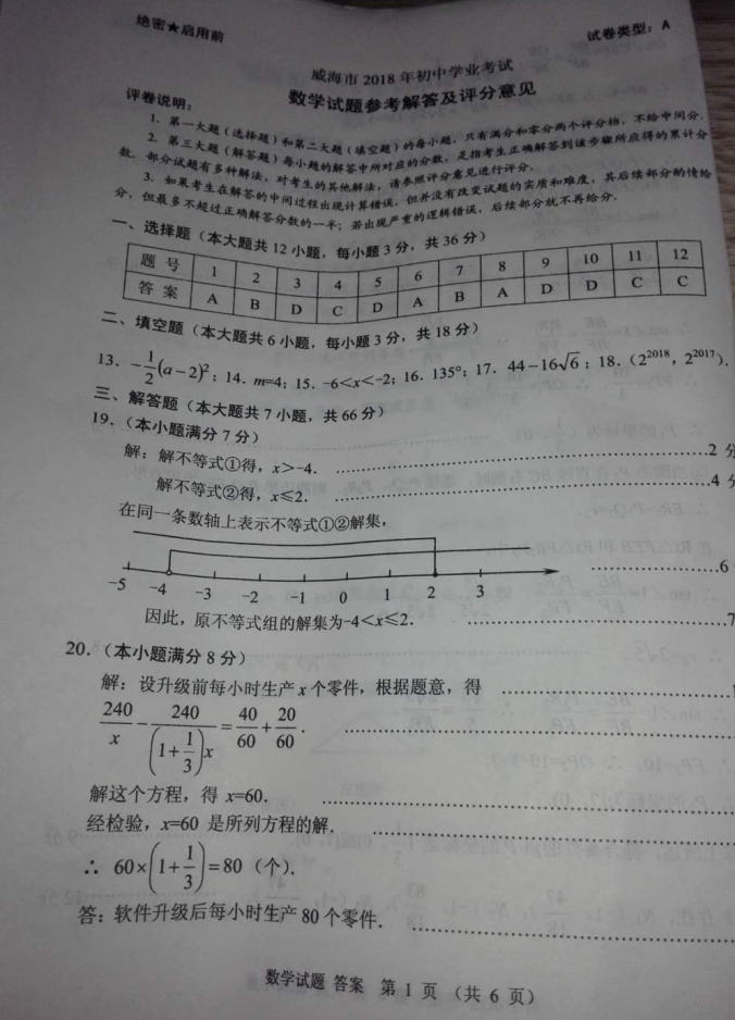 2018年威海中考数学真题及答案(图片版)