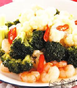 双色花椰炒虾仁的做法