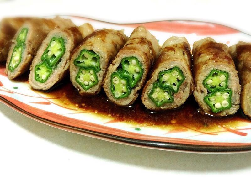 秋葵梅花猪肉卷佐油醋酱的做法